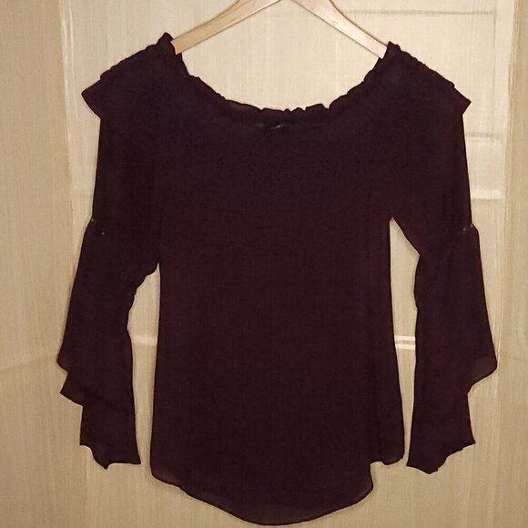 White House Black Market Maroon Off The Shoulder Crochet Silky Top Medium - Picture 1 of 7